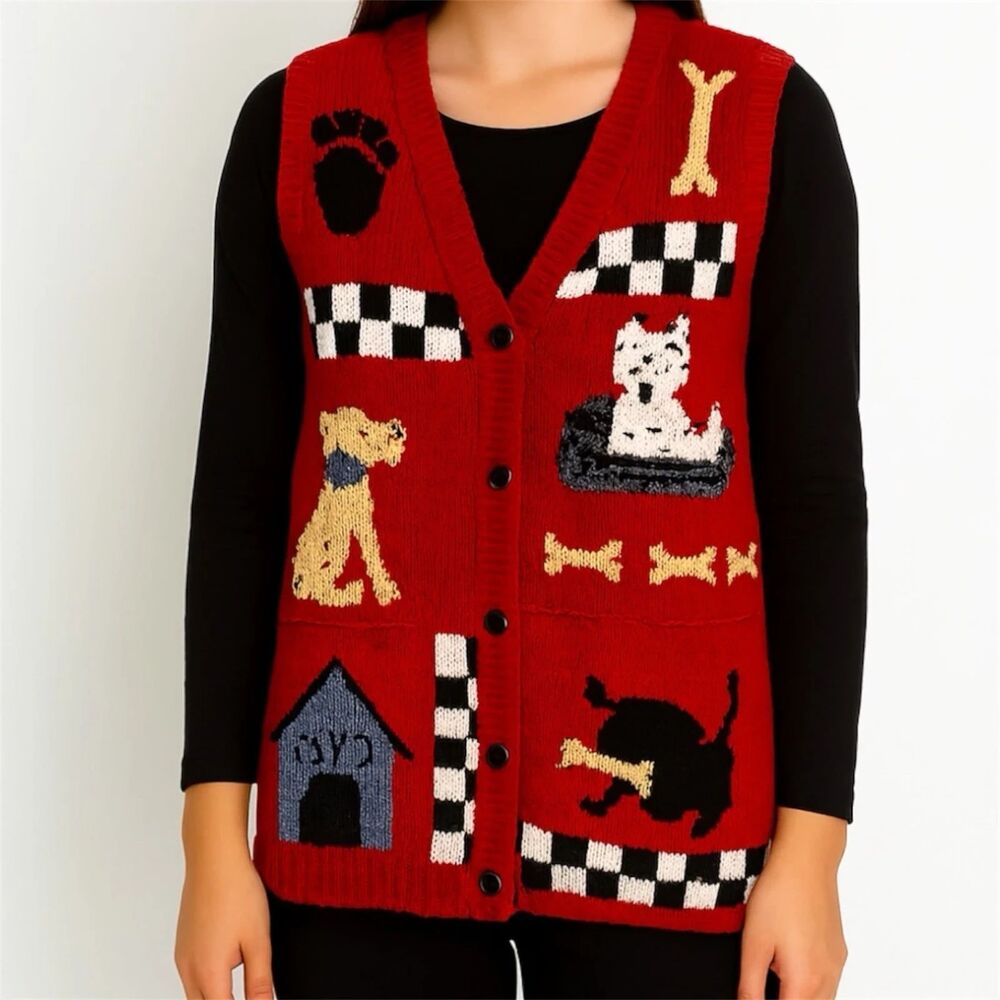Vintage 90s Capacity Novelty 3D Knit Granny Crazy Dog Lady Sweater Vest Petite M